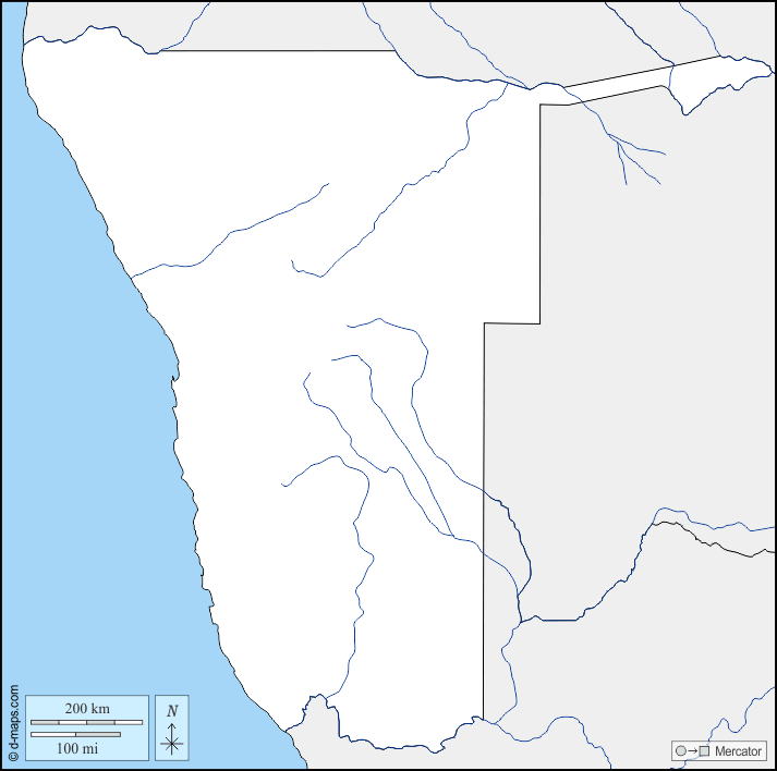 Namibia : d-maps.com: Kostenlose Karten, kostenlose stumme Karte, kostenlose unausgefüllt Landkarte, kostenlose hochauflösende Umrisskarte : Grenzen, Hydrografie