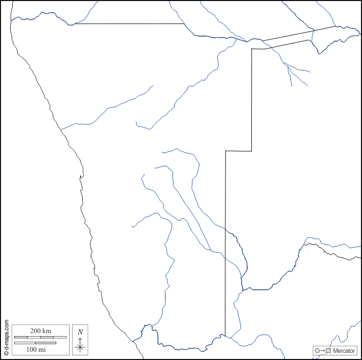 Namibia : d-maps.com: mappa gratuita, mappa muta gratuita, cartina muta gratuita : frontiere, idrografia, bianco