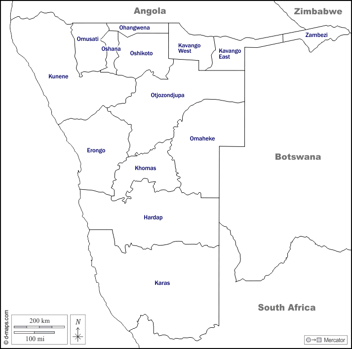 Namibia : d-maps.com: mapa gratuito, mapa mudo gratuito, mapa en blanco gratuito, plantilla de mapa : fronteras, regiones, nombres, blanco