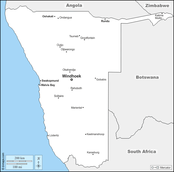 ناميبيا : خريطة مجانية, خريطة خاليه من الفراغ, خريطة الخطوط العريضة, خريطة القاعدة الحرة
 : حدود, المدن الرئيسية, أسماء
