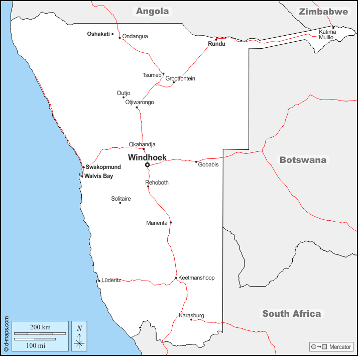 Намибия : d-maps.com: Бесплатная карта, бесплатная карта, свободная карта, Бесплатная базовая карта
 : границы, Главные города, дорог, имена