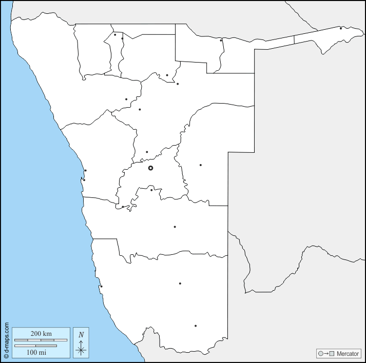 Namibie : d-maps.com: carte géographique gratuite, carte géographique muette gratuite, carte vierge gratuite, fond de carte gratuit, formats graphiques courants : frontières, régions, principales villes