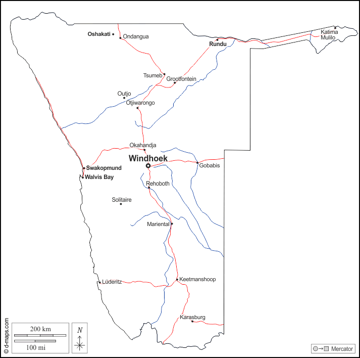 Namibia : d-maps.com: free map, free blank map, free outline map, free base map : outline, hydrography, main cities, roads, names, white