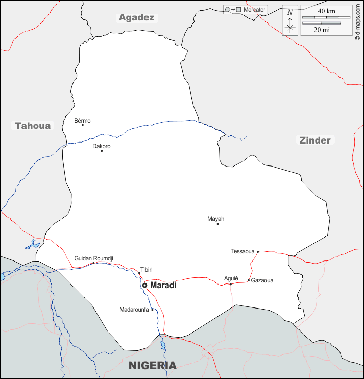 Maradi : d-maps.com: carte géographique gratuite, carte géographique muette gratuite, carte vierge gratuite, fond de carte gratuit, formats graphiques courants : frontières, hydrographie, principales villes, routes, noms