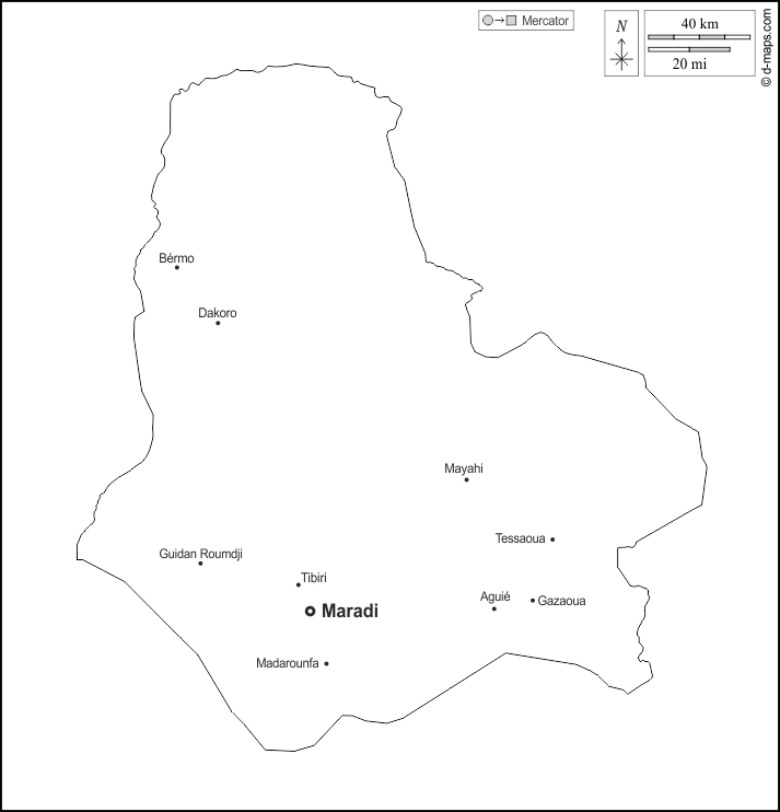 Маради : d-maps.com: Бесплатная карта, бесплатная карта, свободная карта, Бесплатная базовая карта
 : контур, Главные города, имена, Белый