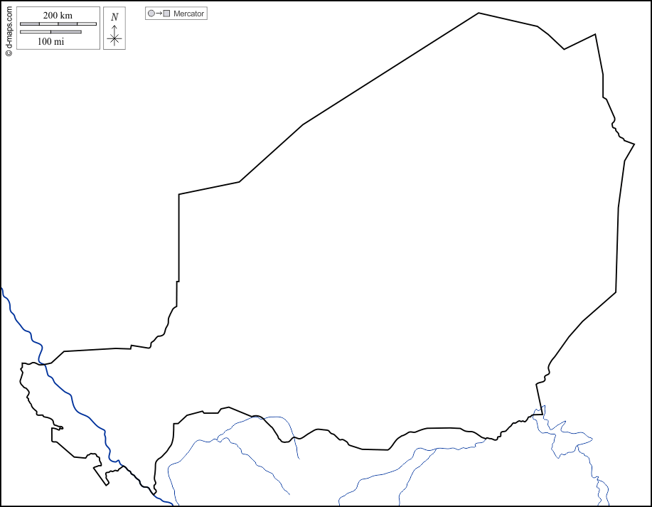 Niger : d-maps.com: mapa livre, mapa em branco livre, mapa livre do esboço, mapa básico livre
 : costas, limites, hidrografia, branco