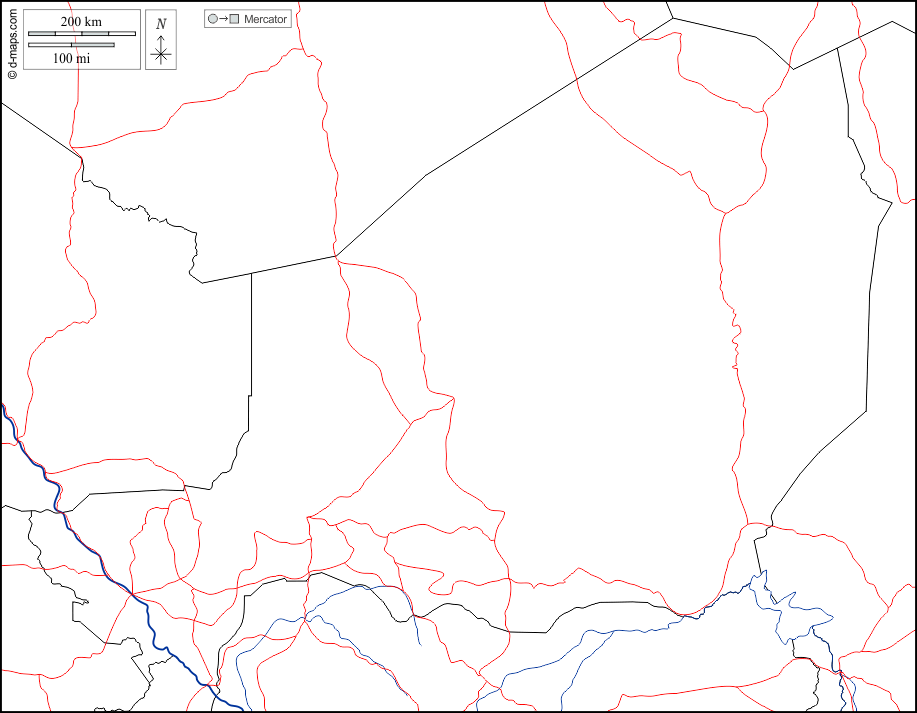 Niger : d-maps.com: mapa livre, mapa em branco livre, mapa livre do esboço, mapa básico livre
 : fronteiras, hidrografia, estradas, branco