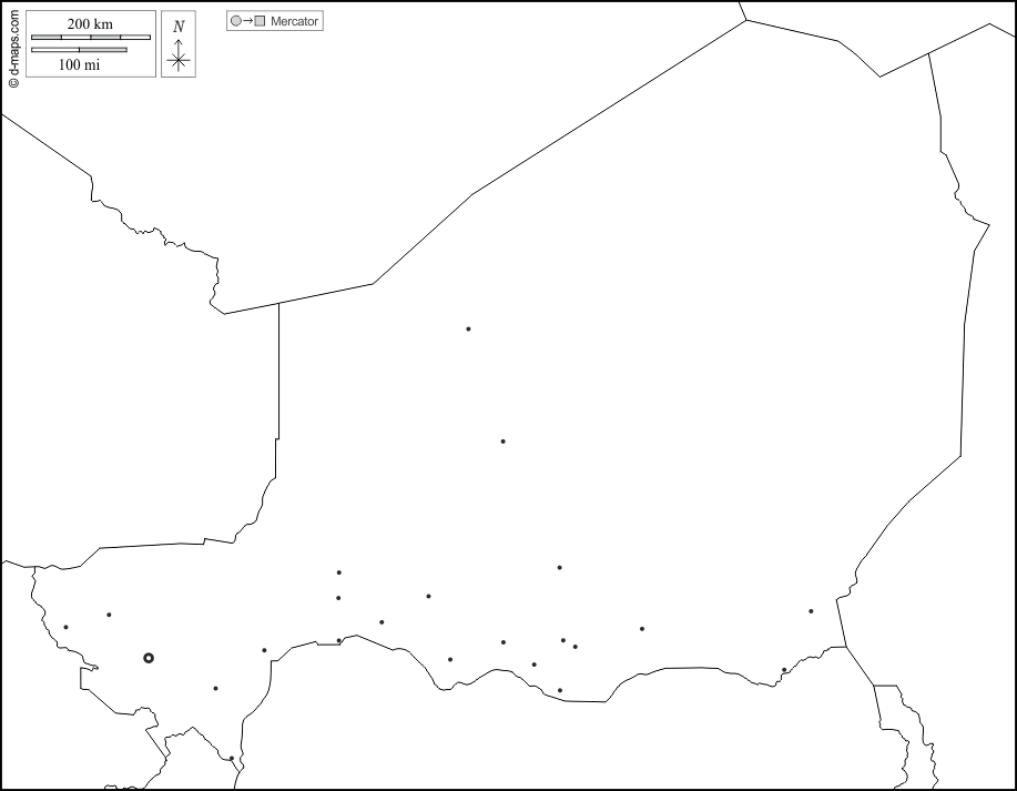 Niger : d-maps.com: free map, free blank map, free outline map, free base map : boundaries, main cities, white