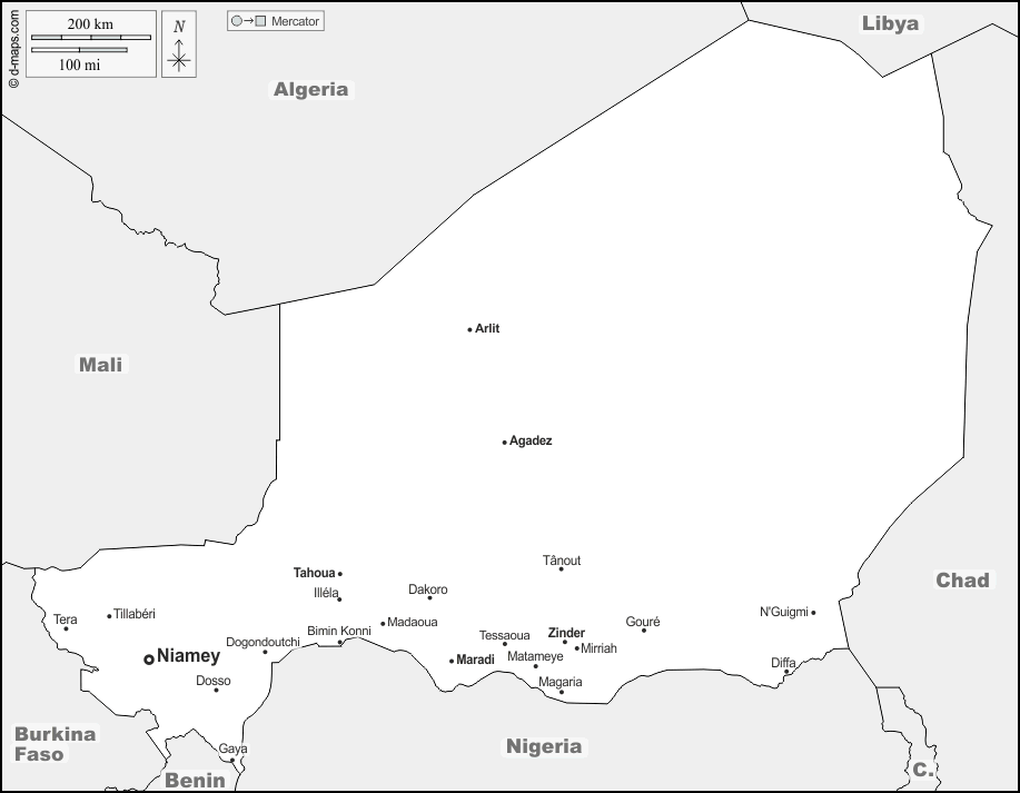 Niger : d-maps.com: free map, free blank map, free outline map, free base map : boundaries, main cities, names