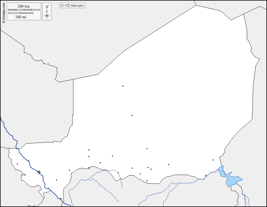 Niger : d-maps.com: free map, free blank map, free outline map, free base map : boundaries, hydrography, main cities