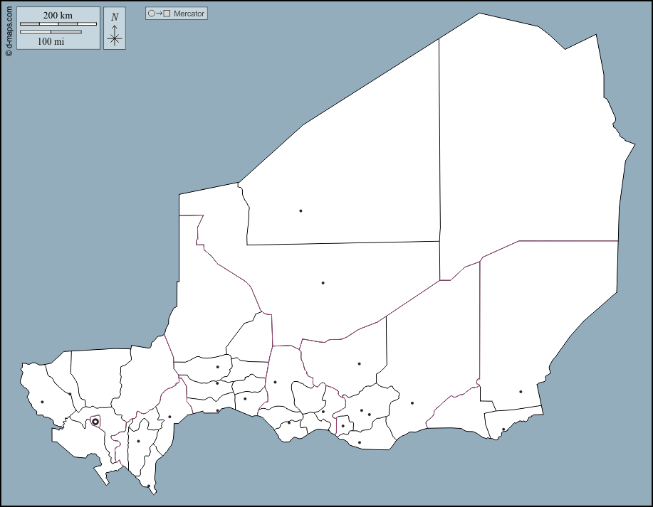 नाइजर : d-maps.com: नि: शुल्क मानचित्र, नि: शुल्क रिक्त नक्शा, नि: शुल्क रूपरेखा मानचित्र, नि: शुल्क आधार मानचित्र
 : बाह्यरेखा, विभागों, मुख्य शहरों