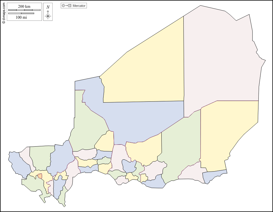 ニジェール : d-maps.com: 無料地図, 無料の空の地図, 無料のアウトラインマップ, 無料のベースマップ
 : 輪郭, 部門, 色, 白い