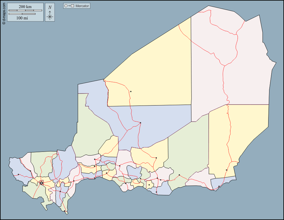 Niger : d-maps.com: free map, free blank map, free outline map, free base map : outline, departments, main cities, roads, color