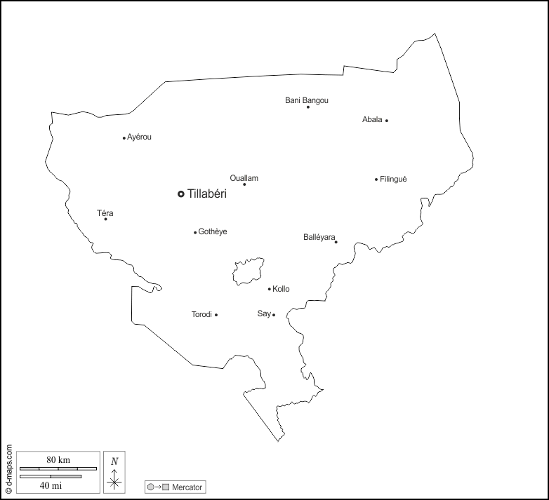 Tillabéri : d-maps.com: free map, free blank map, free outline map, free base map : outline, main cities, names, white