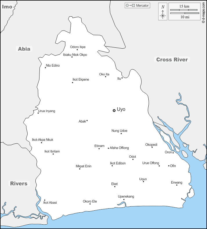Akwa Ibom : d-maps.com: Kostenlose Karten, kostenlose stumme Karte, kostenlose unausgefüllt Landkarte, kostenlose hochauflösende Umrisskarte : Grenzen, Wichtige Städte, Namen