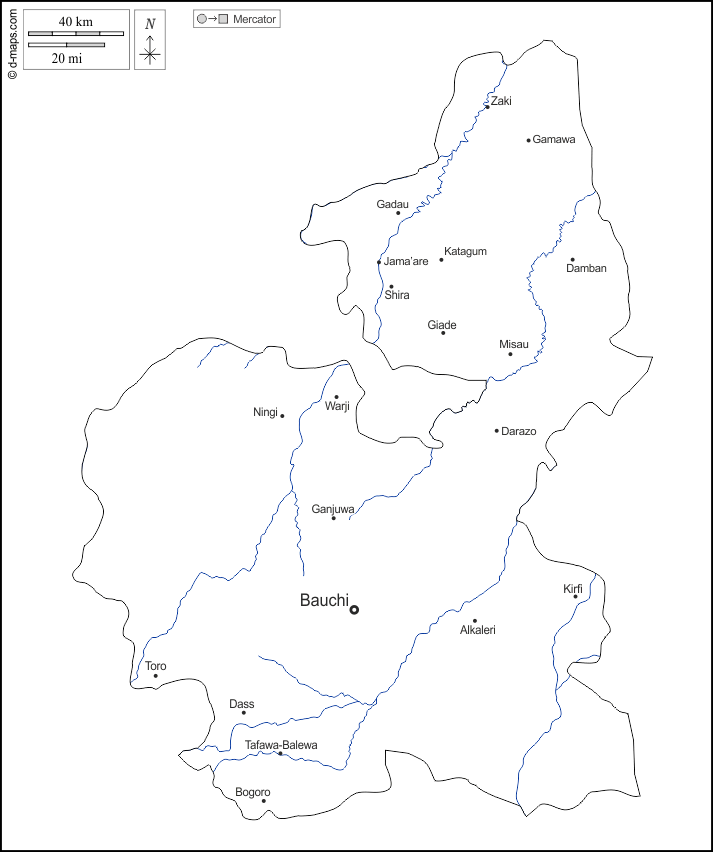 Bauchi : d-maps.com: mapa gratuito, mapa mudo gratuito, mapa en blanco gratuito, plantilla de mapa : contornos, hidrografía, principales ciudades, nombres, blanco