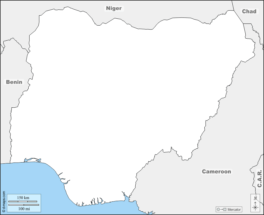 Nigeria : d-maps.com: Kostenlose Karten, kostenlose stumme Karte, kostenlose unausgefüllt Landkarte, kostenlose hochauflösende Umrisskarte : Grenzen, Namen