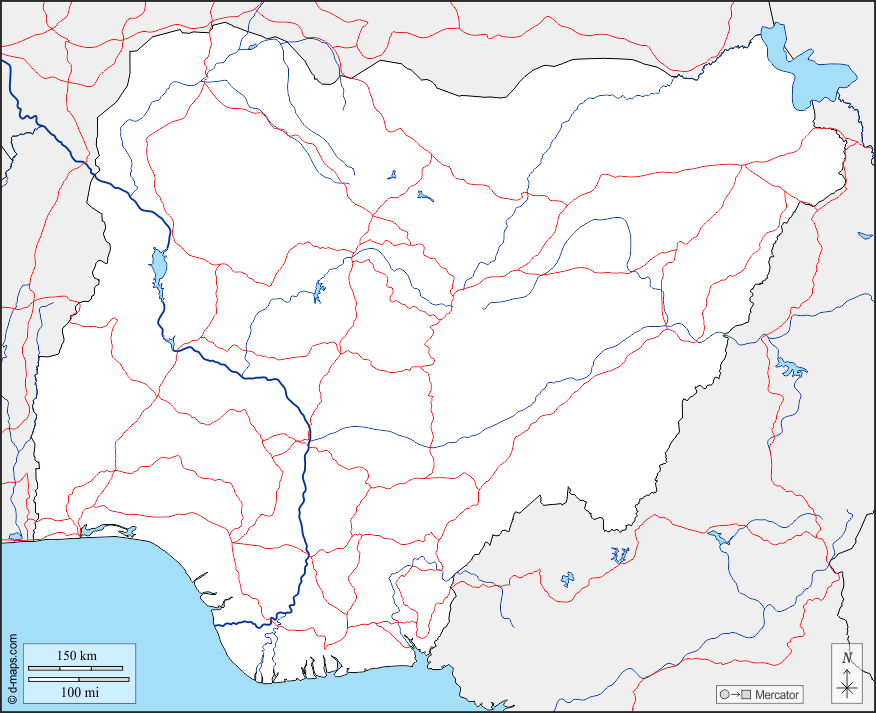 Nigeria : d-maps.com: mappa gratuita, mappa muta gratuita, cartina muta gratuita : frontiere, idrografia, strade
