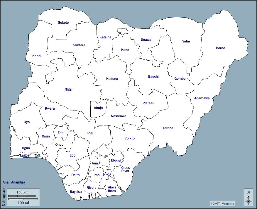 Nigeria : d-maps.com: mappa gratuita, mappa muta gratuita, cartina muta gratuita : contorni, stati, nomi