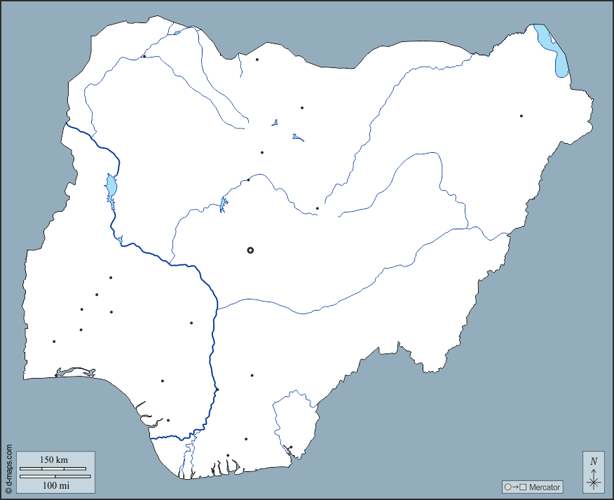 奈及利亞 : d-maps.com: 免费地图, 免费的空白地图, 免费的轮廓地图, 免费基地地图 : 大纲, 水文学, 主要城市
