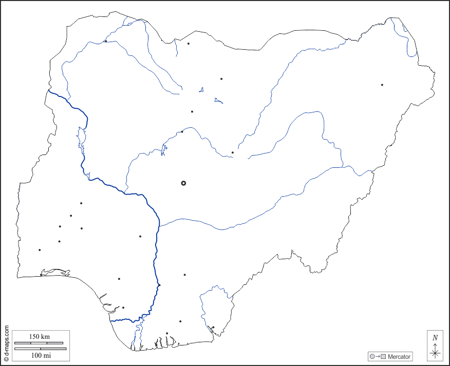 Nigeria : d-maps.com: free map, free blank map, free outline map, free base map : outline, hydrography, main cities, white