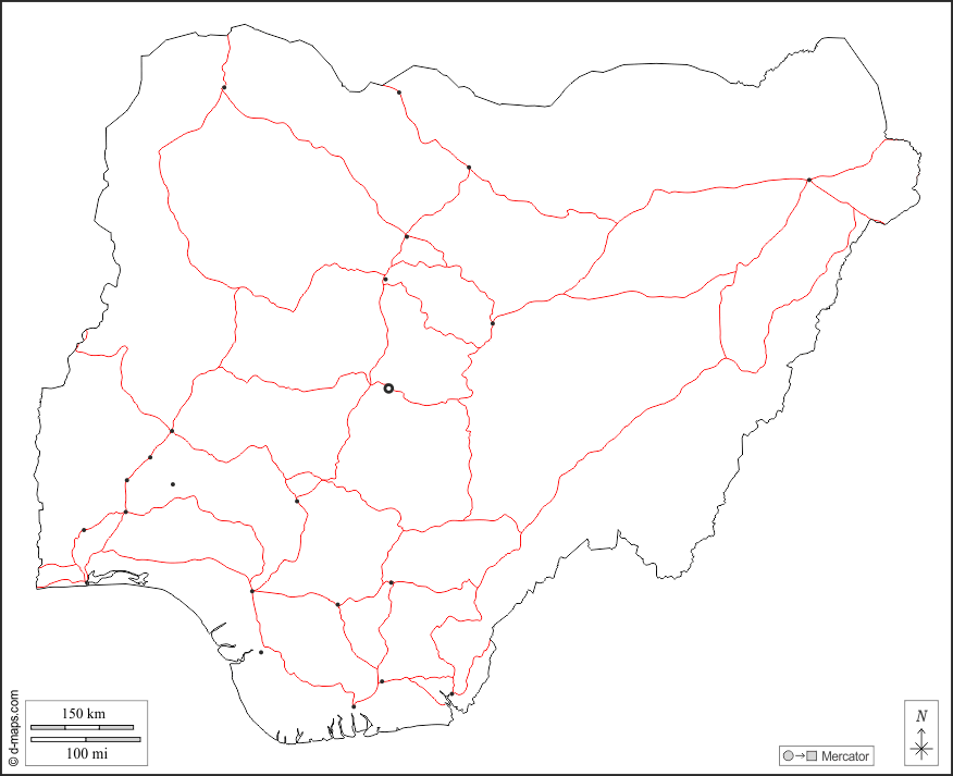 Nigeria : d-maps.com: Kostenlose Karten, kostenlose stumme Karte, kostenlose unausgefüllt Landkarte, kostenlose hochauflösende Umrisskarte : Umrisse, Wichtige Städte, Straßen, weiß