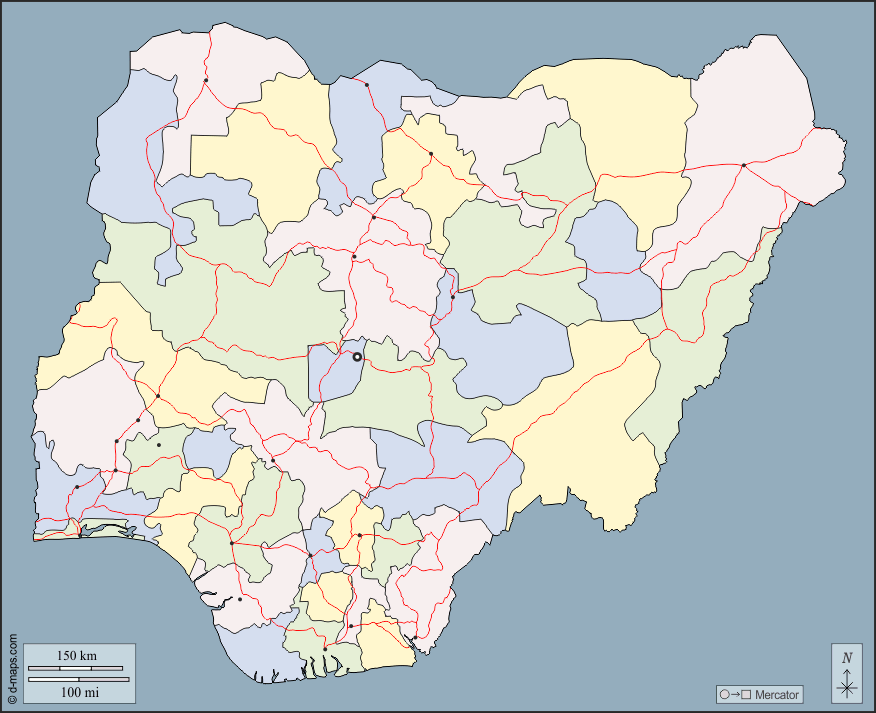 Nigeria : d-maps.com: mapa gratuito, mapa mudo gratuito, mapa en blanco gratuito, plantilla de mapa : contornos, estados, principales ciudades, carreteras, color