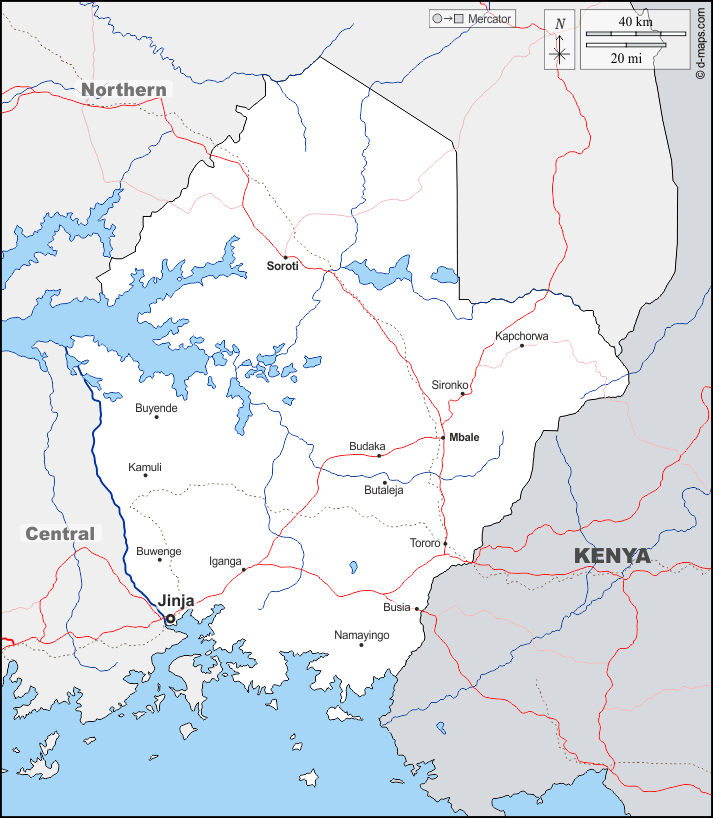 東部區 : d-maps.com: 免费地图, 免费的空白地图, 免费的轮廓地图, 免费基地地图 : 边界, 水文学, 主要城市, 道路, 名称