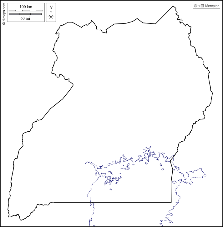 Ouganda : d-maps.com: carte géographique gratuite, carte géographique muette gratuite, carte vierge gratuite, fond de carte gratuit, formats graphiques courants : littoraux, limites, blanc