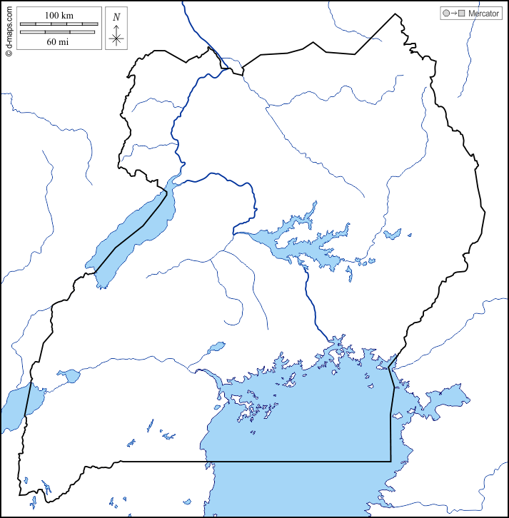 Ouganda : d-maps.com: carte géographique gratuite, carte géographique muette gratuite, carte vierge gratuite, fond de carte gratuit, formats graphiques courants : littoraux, limites, hydrographie