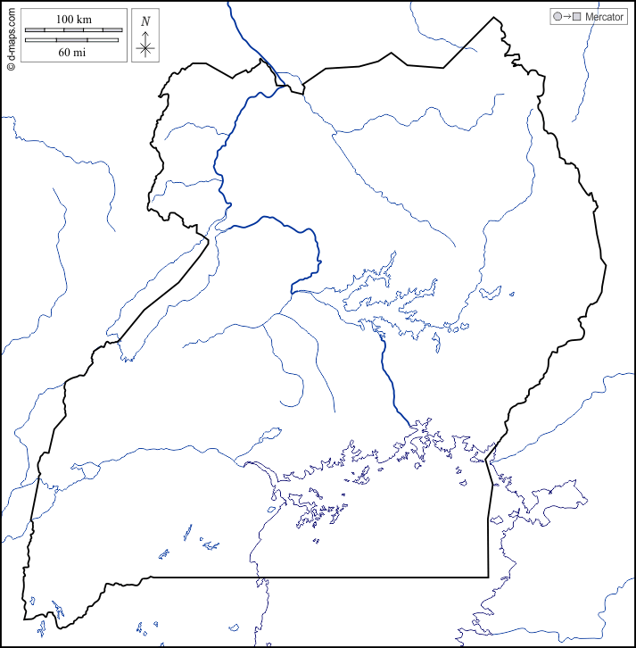 Ouganda : d-maps.com: carte géographique gratuite, carte géographique muette gratuite, carte vierge gratuite, fond de carte gratuit, formats graphiques courants : littoraux, limites, hydrographie, blanc