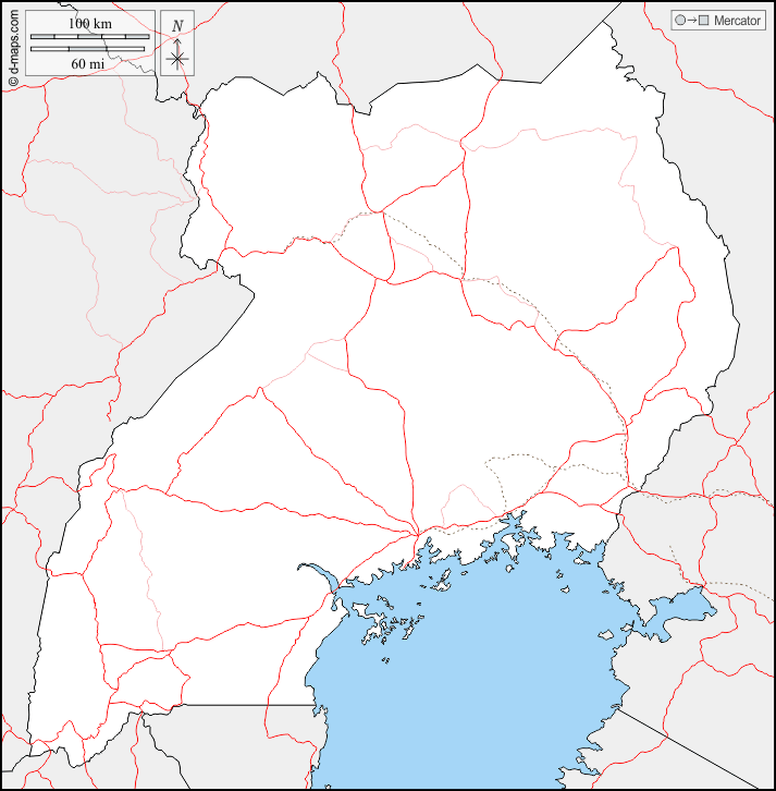 乌干达 : d-maps.com: 免费地图, 免费的空白地图, 免费的轮廓地图, 免费基地地图 : 边界, 道路