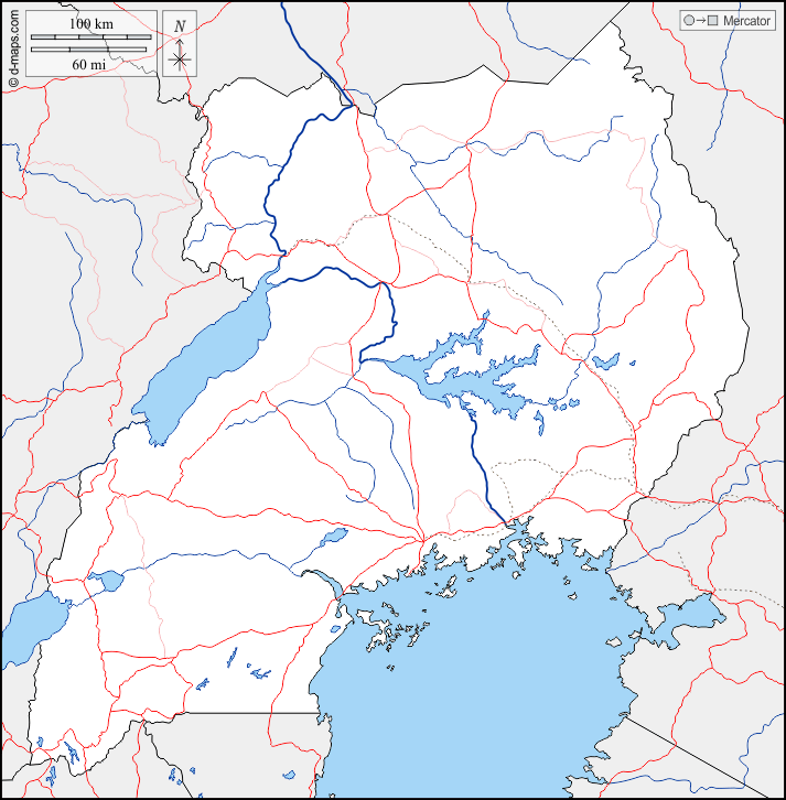 Ouganda : d-maps.com: carte géographique gratuite, carte géographique muette gratuite, carte vierge gratuite, fond de carte gratuit, formats graphiques courants : frontières, hydrographie, routes