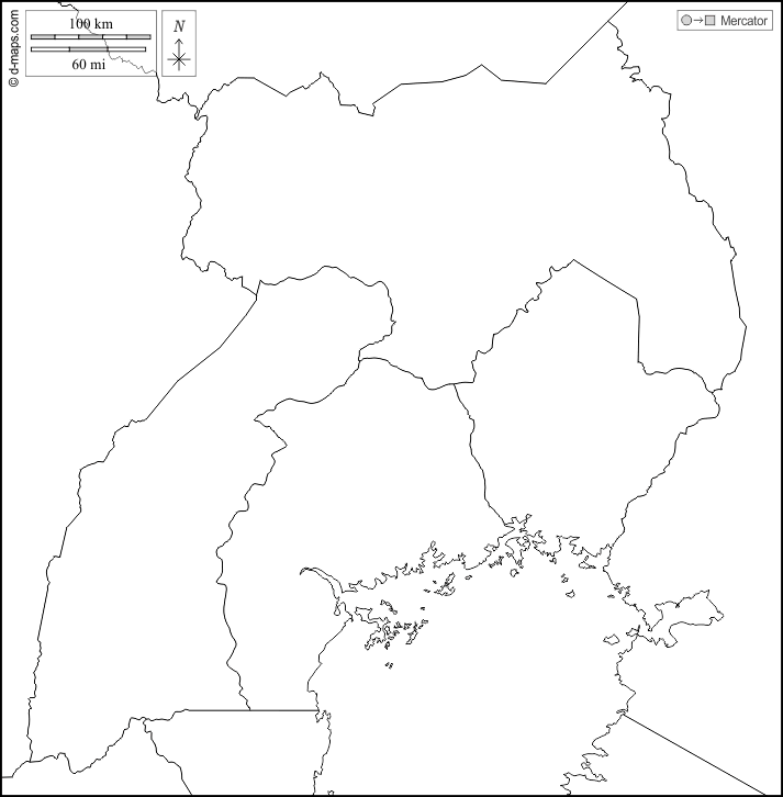 Uganda : d-maps.com: mapa livre, mapa em branco livre, mapa livre do esboço, mapa básico livre
 : fronteiras, regiões, branco
