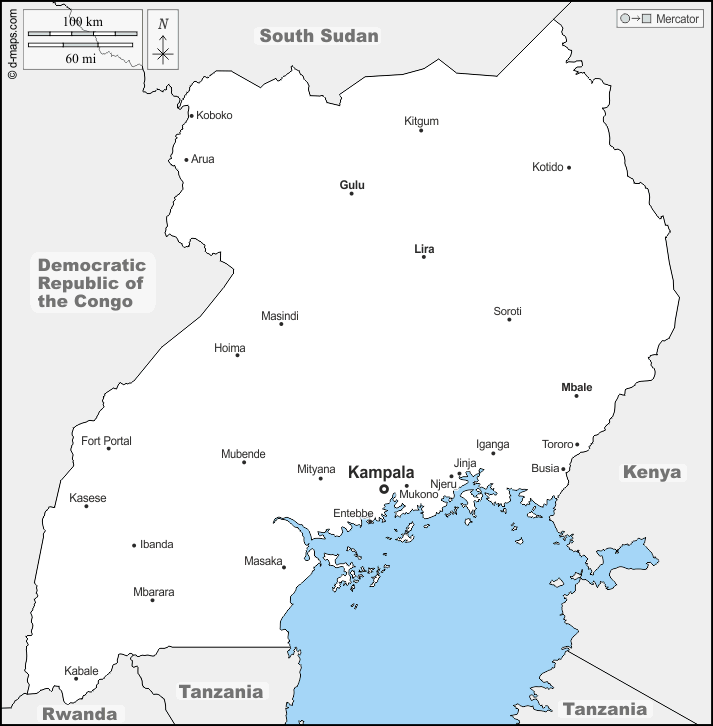 Ouganda : d-maps.com: carte géographique gratuite, carte géographique muette gratuite, carte vierge gratuite, fond de carte gratuit, formats graphiques courants : frontières, principales villes, noms