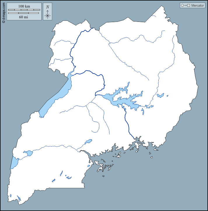 Uganda : d-maps.com: mappa gratuita, mappa muta gratuita, cartina muta gratuita : contorni, idrografia