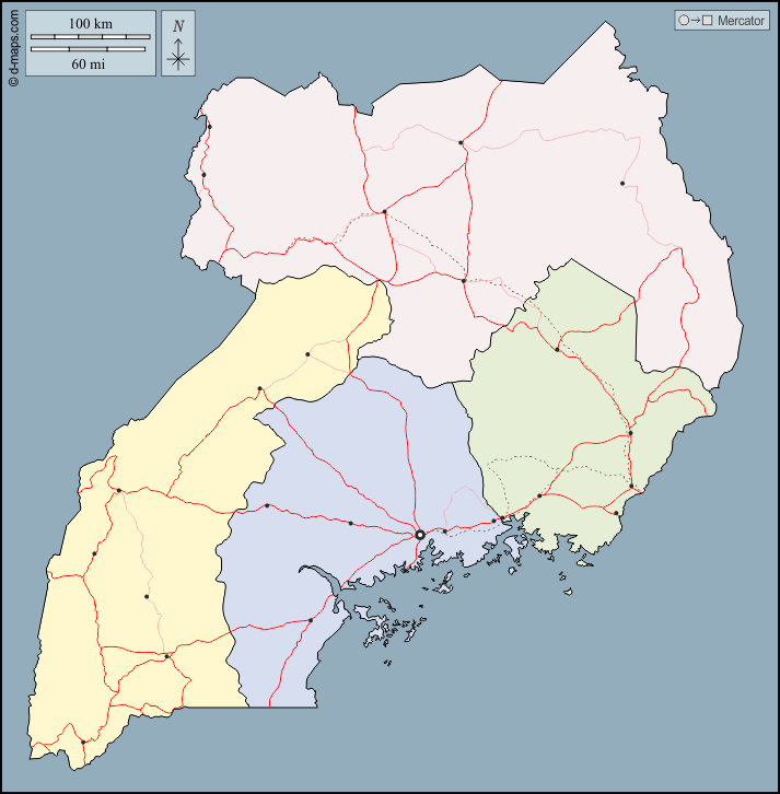 Ouganda : d-maps.com: carte géographique gratuite, carte géographique muette gratuite, carte vierge gratuite, fond de carte gratuit, formats graphiques courants : contours, régions, principales villes, routes, couleur