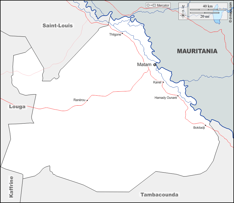 Matam : d-maps.com: carte géographique gratuite, carte géographique muette gratuite, carte vierge gratuite, fond de carte gratuit, formats graphiques courants : frontières, hydrographie, principales villes, routes, noms