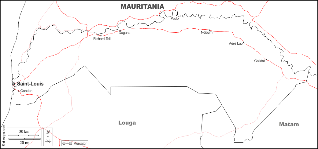 Saint-Louis : d-maps.com: mapa gratuito, mapa mudo gratuito, mapa en blanco gratuito, plantilla de mapa : fronteras, principales ciudades, carreteras, nombres, blanco