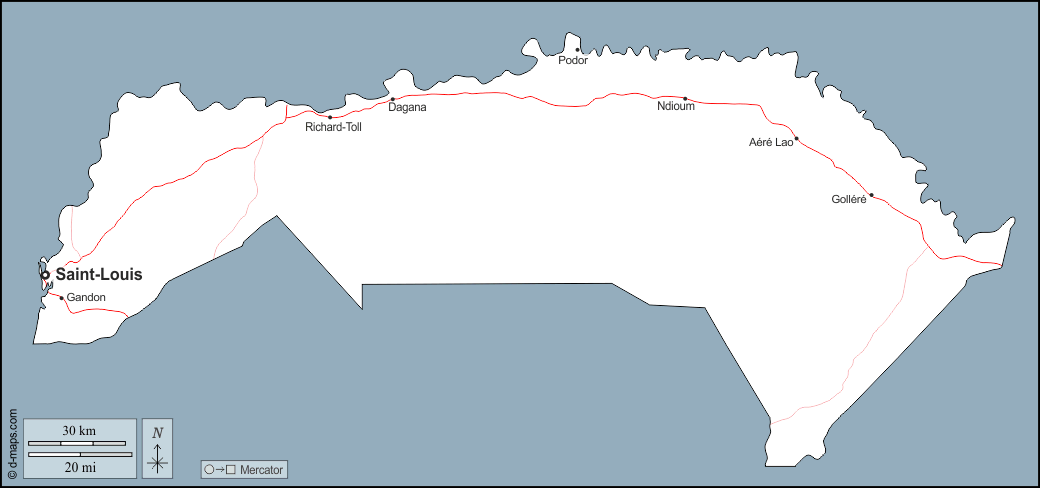 Saint-Louis : d-maps.com: carte géographique gratuite, carte géographique muette gratuite, carte vierge gratuite, fond de carte gratuit, formats graphiques courants : contours, principales villes, routes, noms