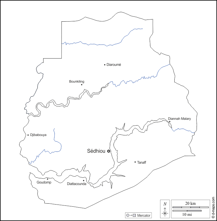 Sédhiou : d-maps.com: carte géographique gratuite, carte géographique muette gratuite, carte vierge gratuite, fond de carte gratuit, formats graphiques courants : contours, hydrographie, principales villes, noms, blanc