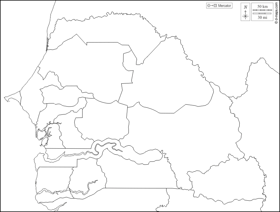 Senegal : d-maps.com: mapa livre, mapa em branco livre, mapa livre do esboço, mapa básico livre
 : fronteiras, regiões, branco
