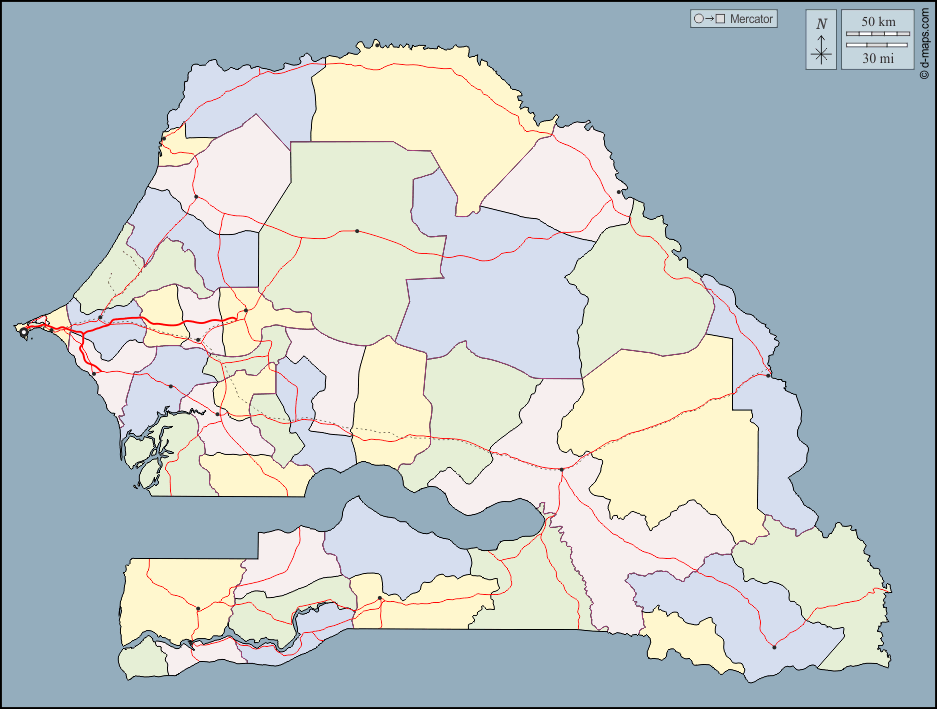 Senegal : d-maps.com: mapa gratuito, mapa mudo gratuito, mapa en blanco gratuito, plantilla de mapa : contornos, departamentos, principales ciudades, carreteras, color