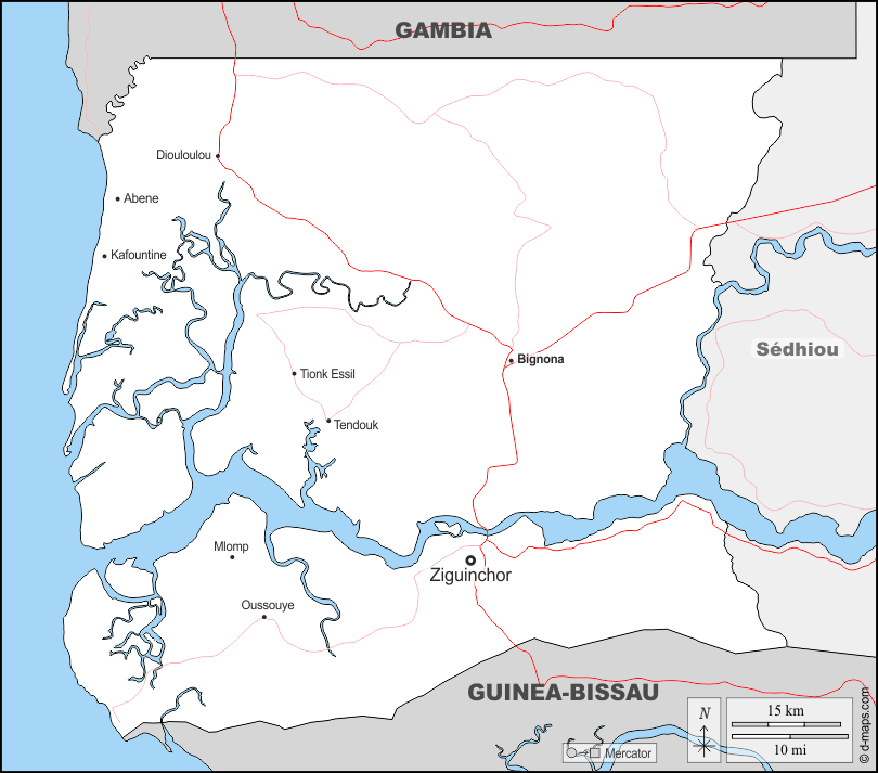 Ziguinchor : d-maps.com: carte géographique gratuite, carte géographique muette gratuite, carte vierge gratuite, fond de carte gratuit, formats graphiques courants : frontières, principales villes, routes, noms