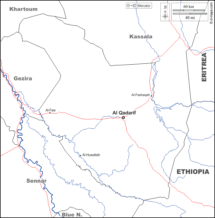 加达里夫州 : d-maps.com: 免费地图, 免费的空白地图, 免费的轮廓地图, 免费基地地图 : 边界, 水文学, 主要城市, 道路, 名称, 白