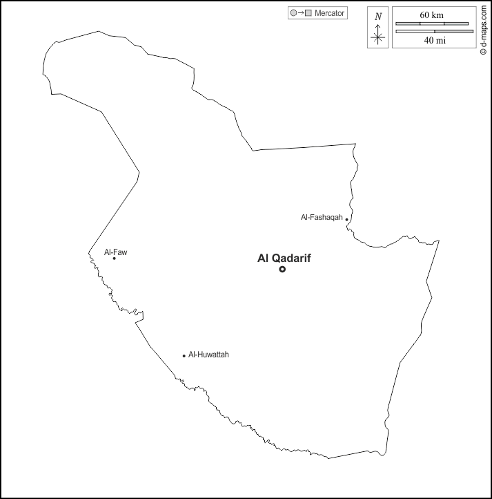 加达里夫州 : d-maps.com: 免费地图, 免费的空白地图, 免费的轮廓地图, 免费基地地图 : 大纲, 主要城市, 名称, 白