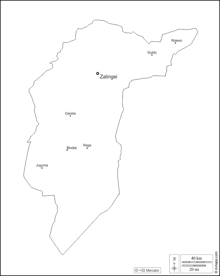 Центральный Дарфур : d-maps.com: Бесплатная карта, бесплатная карта, свободная карта, Бесплатная базовая карта
 : контур, Главные города, имена, Белый