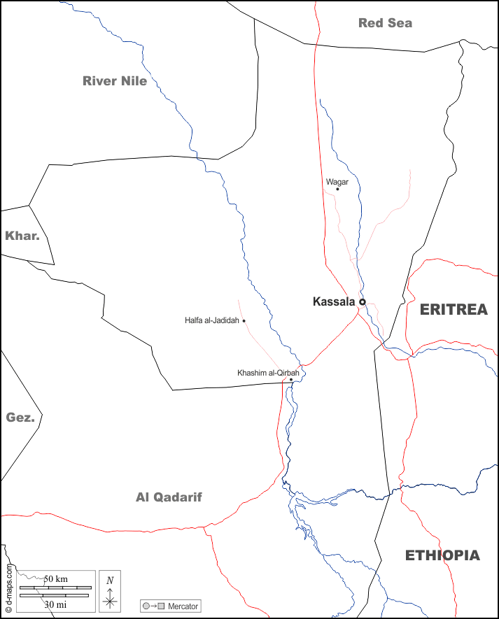 カッサラ州 : d-maps.com: 無料地図, 無料の空の地図, 無料のアウトラインマップ, 無料のベースマップ
 : 境界, 川と湖, 主要都市, 道路, 名前, 白い
