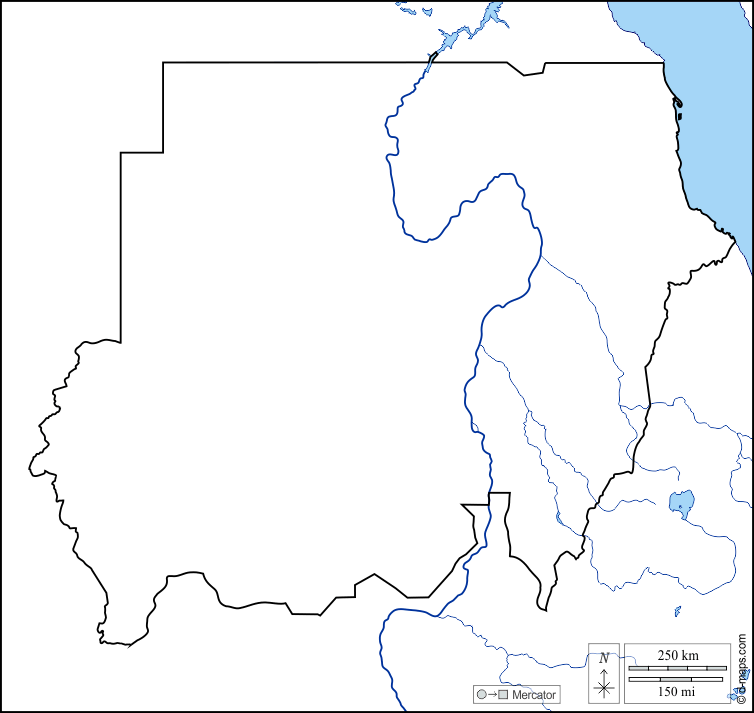 Sudan : d-maps.com: Kostenlose Karten, kostenlose stumme Karte, kostenlose unausgefüllt Landkarte, kostenlose hochauflösende Umrisskarte : Küsten, Grenzen, Hydrografie