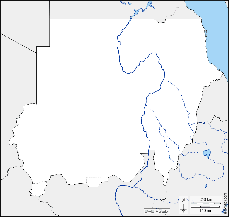 Sudan : d-maps.com: Kostenlose Karten, kostenlose stumme Karte, kostenlose unausgefüllt Landkarte, kostenlose hochauflösende Umrisskarte : Grenzen, Hydrografie